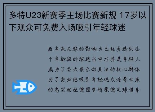 多特U23新赛季主场比赛新规 17岁以下观众可免费入场吸引年轻球迷