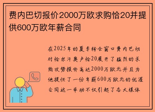 费内巴切报价2000万欧求购恰20并提供600万欧年薪合同