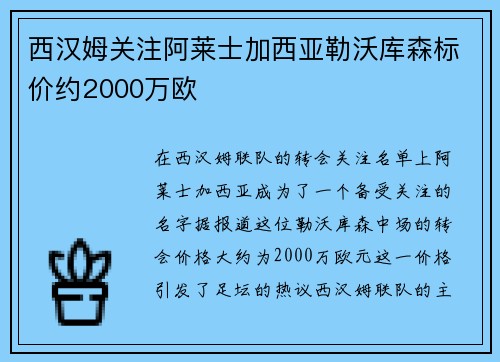 西汉姆关注阿莱士加西亚勒沃库森标价约2000万欧