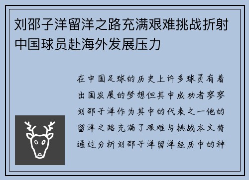 刘邵子洋留洋之路充满艰难挑战折射中国球员赴海外发展压力